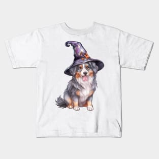 Watercolor Australian Shepherd Dog in Witch Hat Kids T-Shirt
